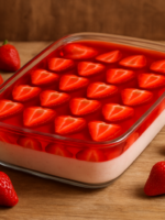 creme de morango gelado em refratário de vidro com morangos frescos e gelatina brilhante por cima