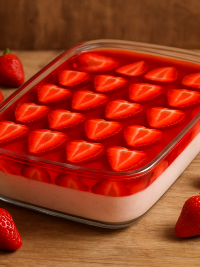 creme de morango gelado em refratário de vidro com morangos frescos e gelatina brilhante por cima