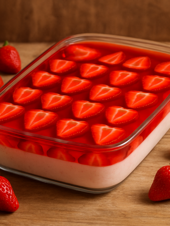 creme de morango gelado em refratário de vidro com morangos frescos e gelatina brilhante por cima