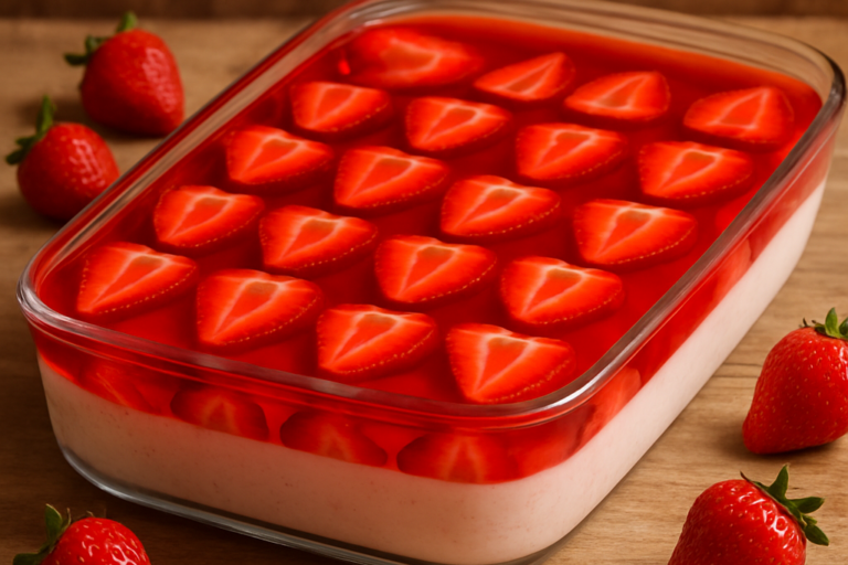 creme de morango gelado em refratário de vidro com morangos frescos e gelatina brilhante por cima