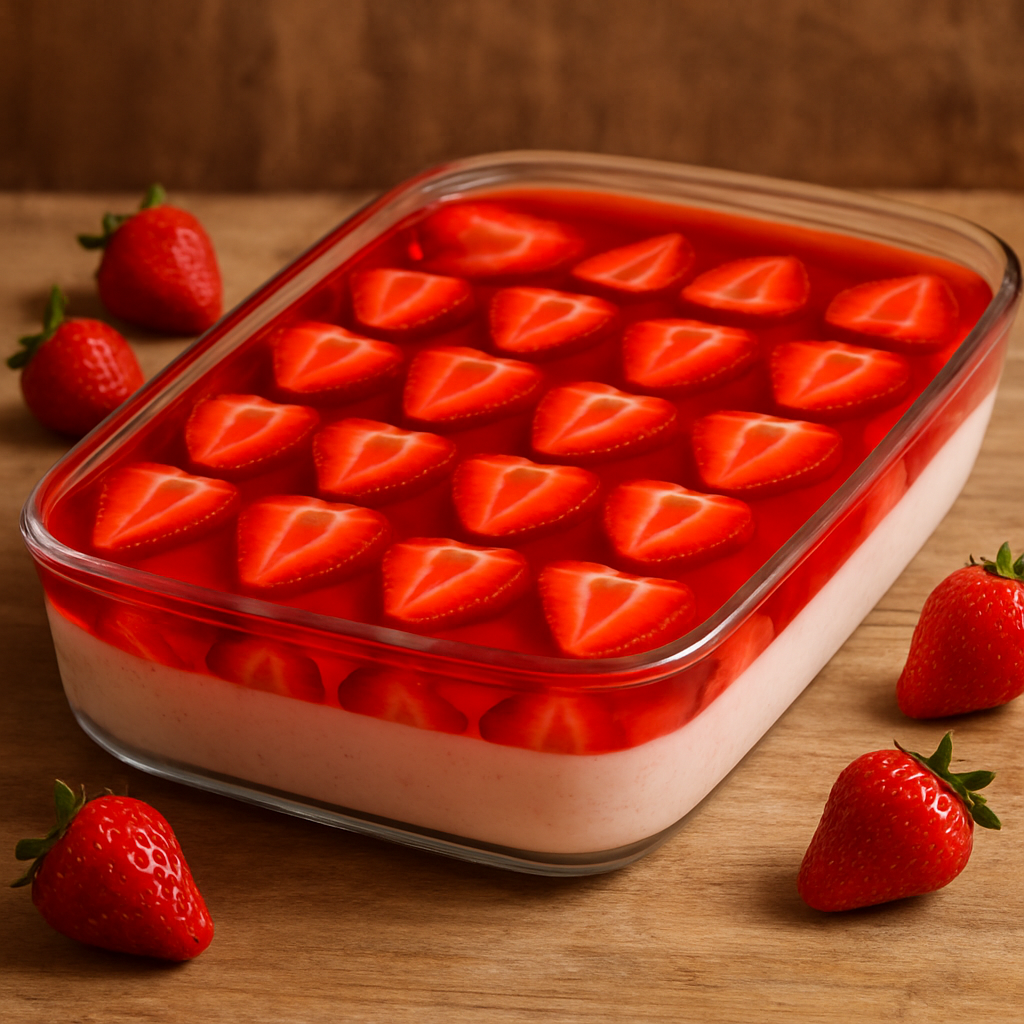 creme de morango gelado em refratário de vidro com morangos frescos e gelatina brilhante por cima