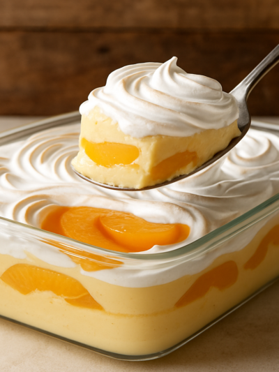 Creme gelado de maçã ou pêssego em travessa de vidro com camadas de mingau e merengue