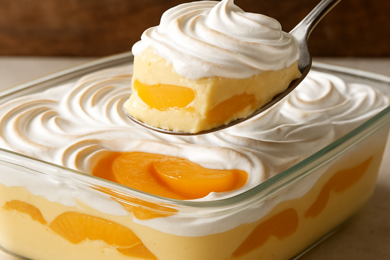 Creme gelado de maçã ou pêssego em travessa de vidro com camadas de mingau e merengue