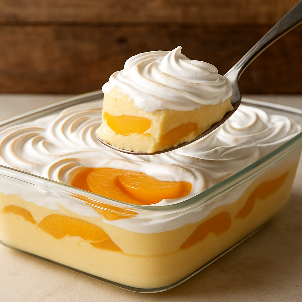 Creme gelado de maçã ou pêssego em travessa de vidro com camadas de mingau e merengue