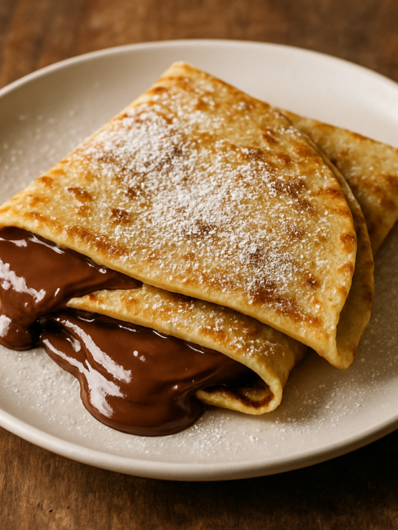 Crepe doce caseiro dobrado em triângulo com recheio de chocolate e açúcar de confeiteiro em prato branco