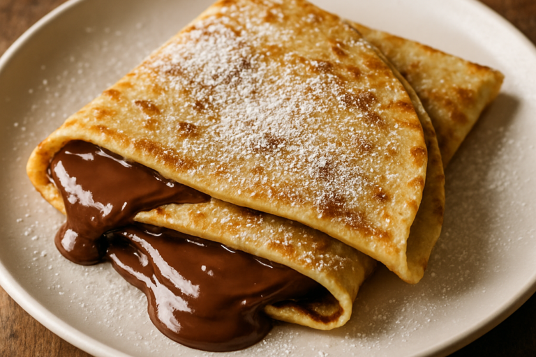 Crepe doce caseiro dobrado em triângulo com recheio de chocolate e açúcar de confeiteiro em prato branco
