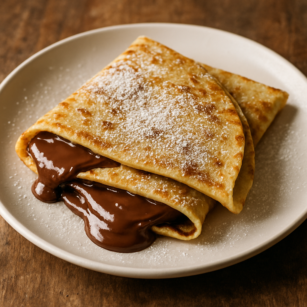 Crepe doce caseiro dobrado em triângulo com recheio de chocolate e açúcar de confeiteiro em prato branco