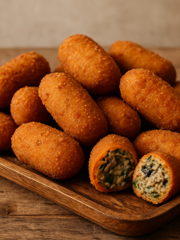 Croquete de proteína de soja dourado e crocante servido em bandeja, com corte mostrando o recheio cremoso temperado