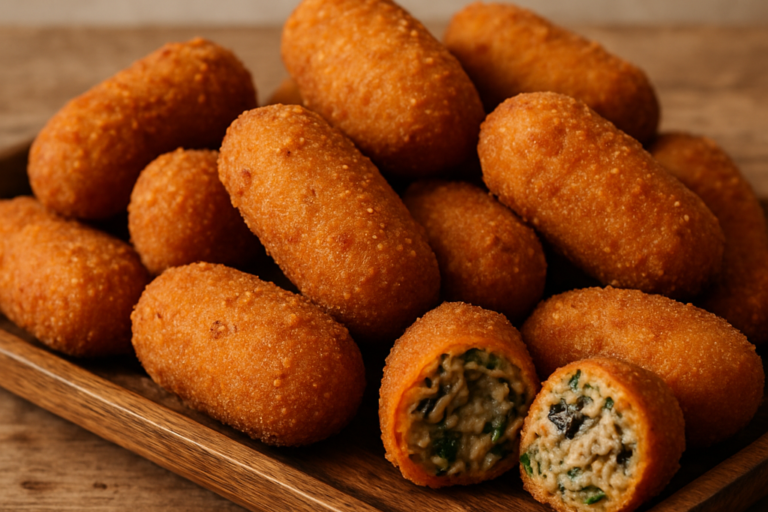 Croquete de proteína de soja dourado e crocante servido em bandeja, com corte mostrando o recheio cremoso temperado