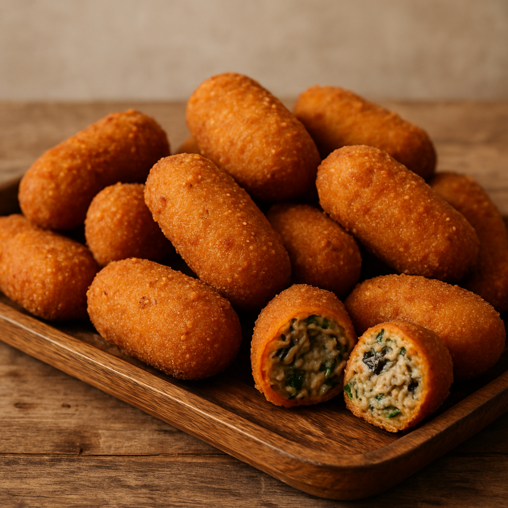Croquete de proteína de soja dourado e crocante servido em bandeja, com corte mostrando o recheio cremoso temperado