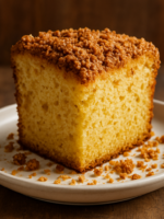 Fatia de Cuca da Tia Dalila com farofa crocante de canela em prato branco