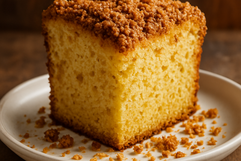 Fatia de Cuca da Tia Dalila com farofa crocante de canela em prato branco