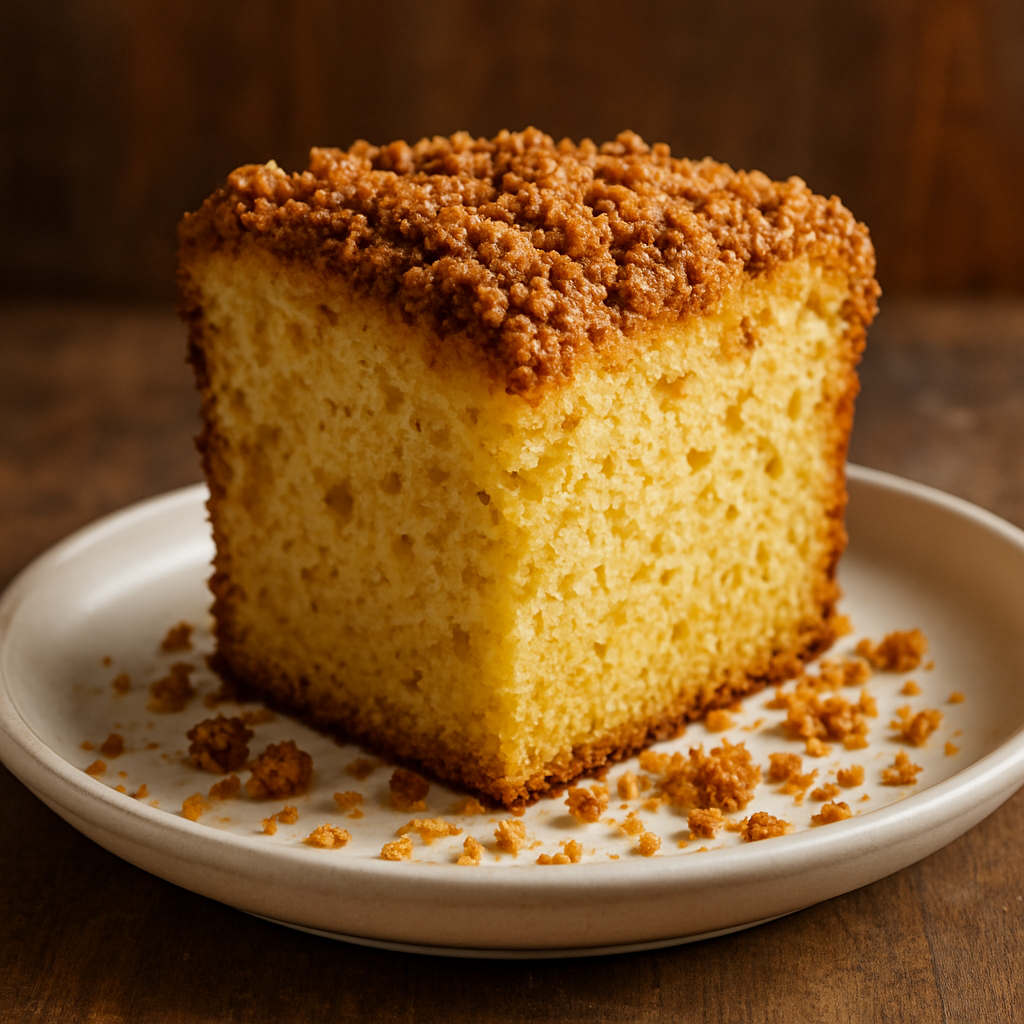 Fatia de Cuca da Tia Dalila com farofa crocante de canela em prato branco