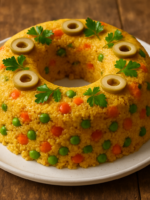 Cuscuz vegetariano colorido desenformado em prato branco, decorado com legumes e salsinha fresca