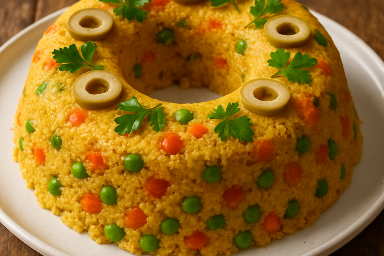 Cuscuz vegetariano colorido desenformado em prato branco, decorado com legumes e salsinha fresca