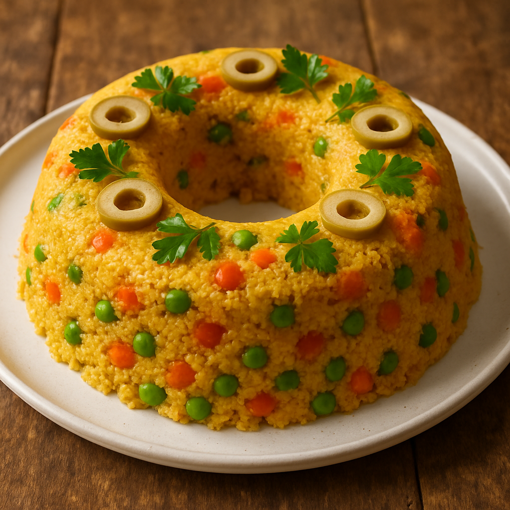 Cuscuz vegetariano colorido desenformado em prato branco, decorado com legumes e salsinha fresca