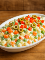 delicia de maionese cremosa com batata, cenoura, vagem e azeitonas em travessa branca