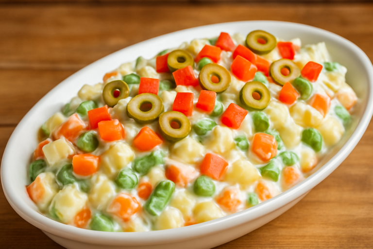 delicia de maionese cremosa com batata, cenoura, vagem e azeitonas em travessa branca