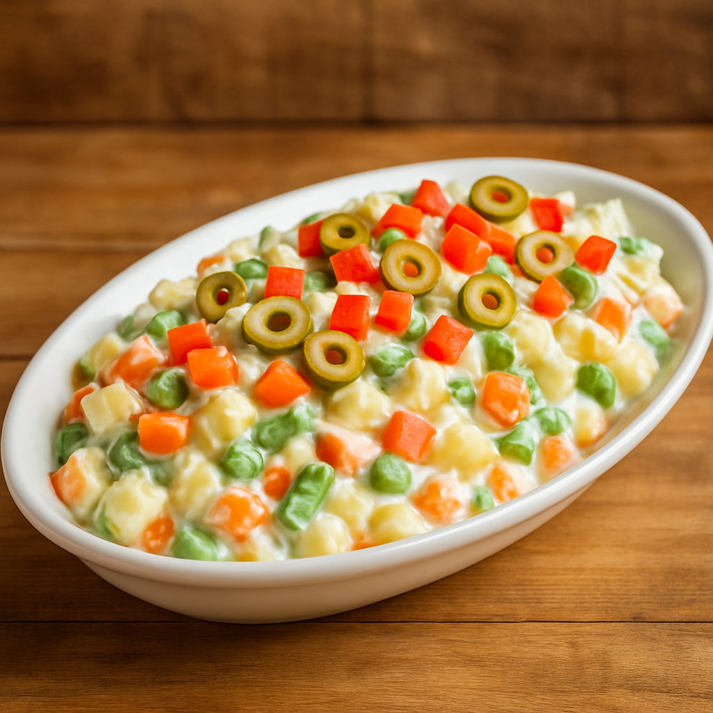 delicia de maionese cremosa com batata, cenoura, vagem e azeitonas em travessa branca