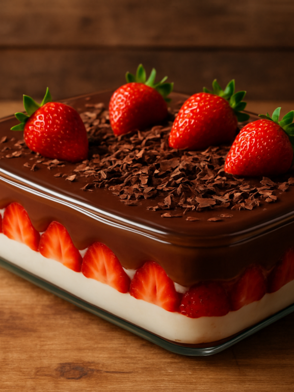 Delícias de chocolate em travessa com camadas de creme branco, morangos e ganache de chocolate ao leite