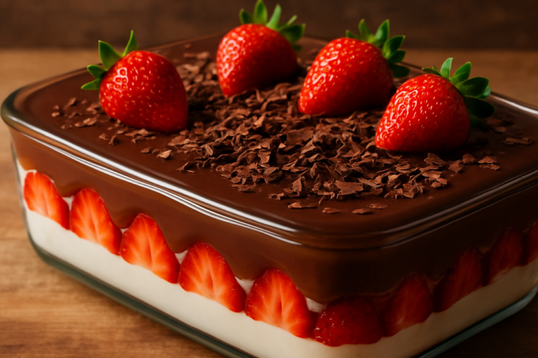 Delícias de chocolate em travessa com camadas de creme branco, morangos e ganache de chocolate ao leite