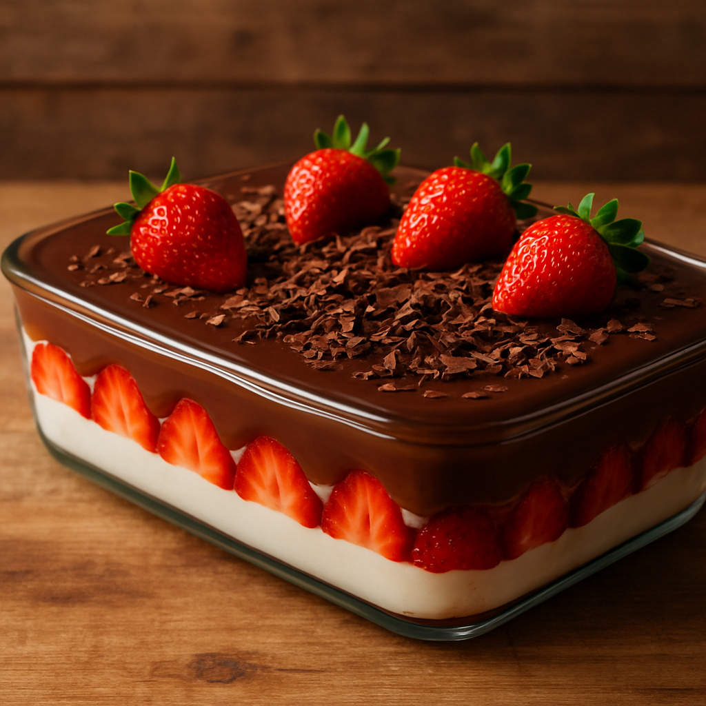 Delícias de chocolate em travessa com camadas de creme branco, morangos e ganache de chocolate ao leite