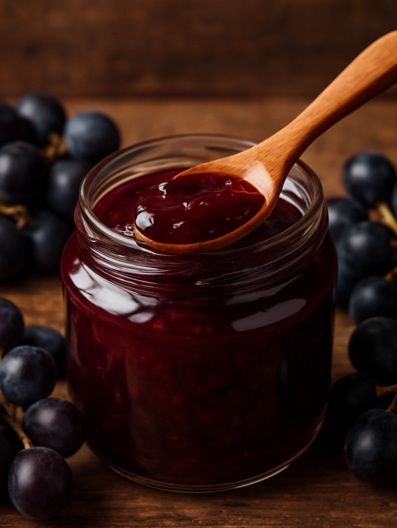 doce de uva caseiro brilhante em pote de vidro com colher de madeira