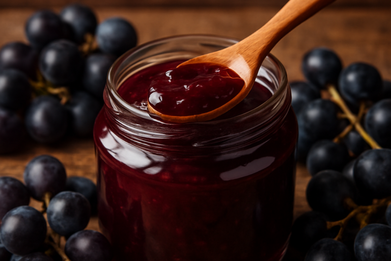 doce de uva caseiro brilhante em pote de vidro com colher de madeira