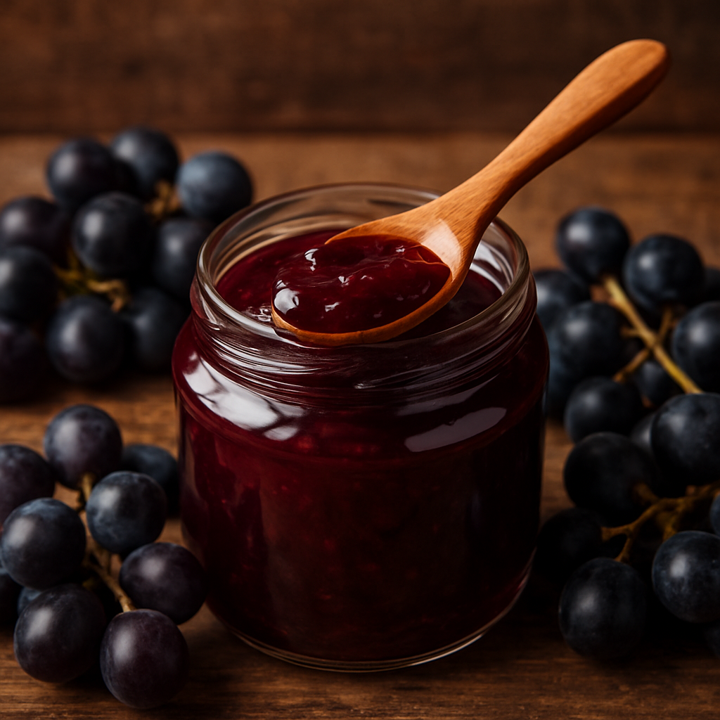 doce de uva caseiro brilhante em pote de vidro com colher de madeira