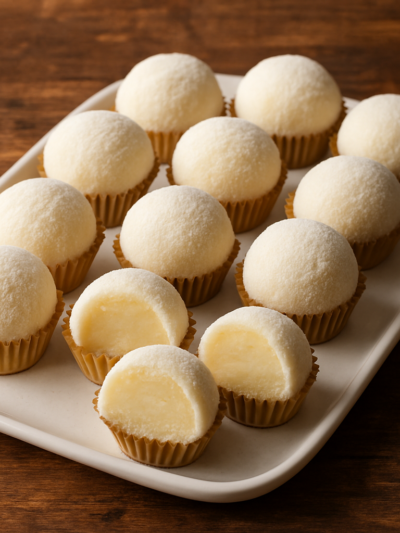 docinhos de Leite Ninho cobertos de leite em pó em forminhas douradas sobre bandeja branca