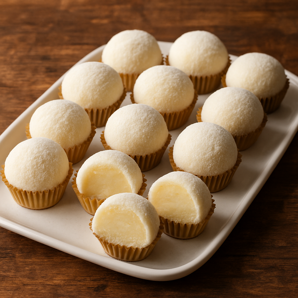 docinhos de Leite Ninho cobertos de leite em pó em forminhas douradas sobre bandeja branca