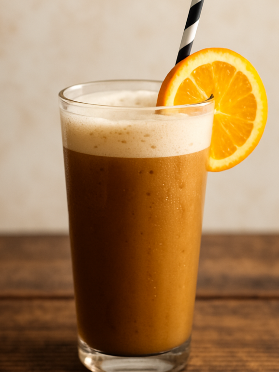 drink de verão cremoso com chocolate e laranja servido em copo alto com canudo