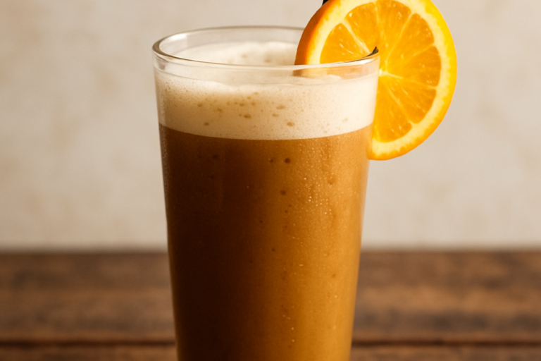 drink de verão cremoso com chocolate e laranja servido em copo alto com canudo