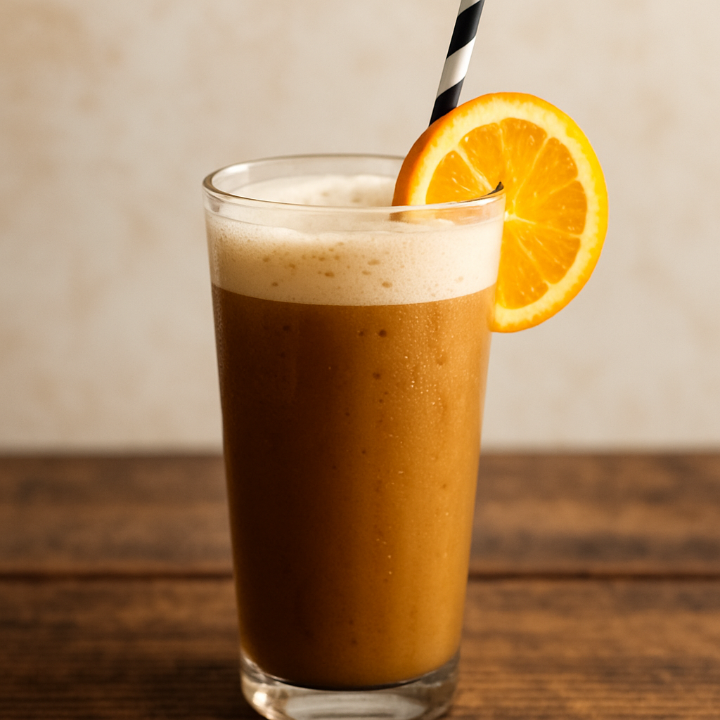drink de verão cremoso com chocolate e laranja servido em copo alto com canudo