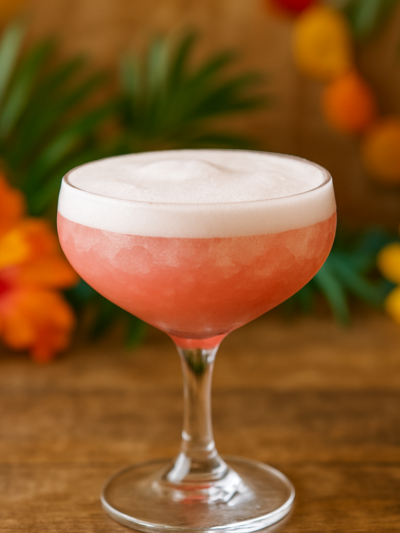 Drink dos Deuses cremoso e rosado servido em taça com gelo, feito com leite de coco, maracujá e groselha