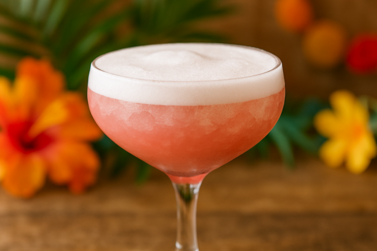 Drink dos Deuses cremoso e rosado servido em taça com gelo, feito com leite de coco, maracujá e groselha