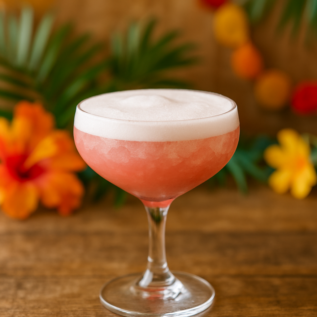 Drink dos Deuses cremoso e rosado servido em taça com gelo, feito com leite de coco, maracujá e groselha