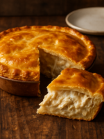 empadão sem açúcar com massa dourada e recheio cremoso de frango, servido em prato branco