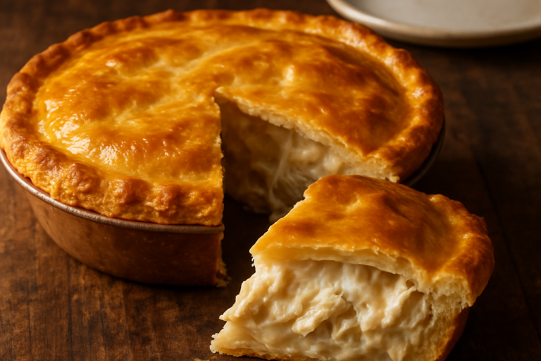 empadão sem açúcar com massa dourada e recheio cremoso de frango, servido em prato branco