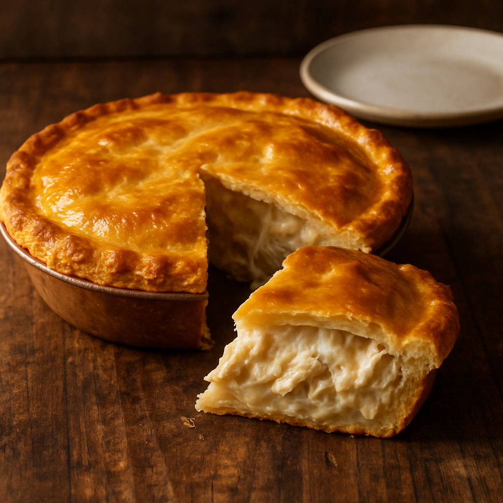 empadão sem açúcar com massa dourada e recheio cremoso de frango, servido em prato branco