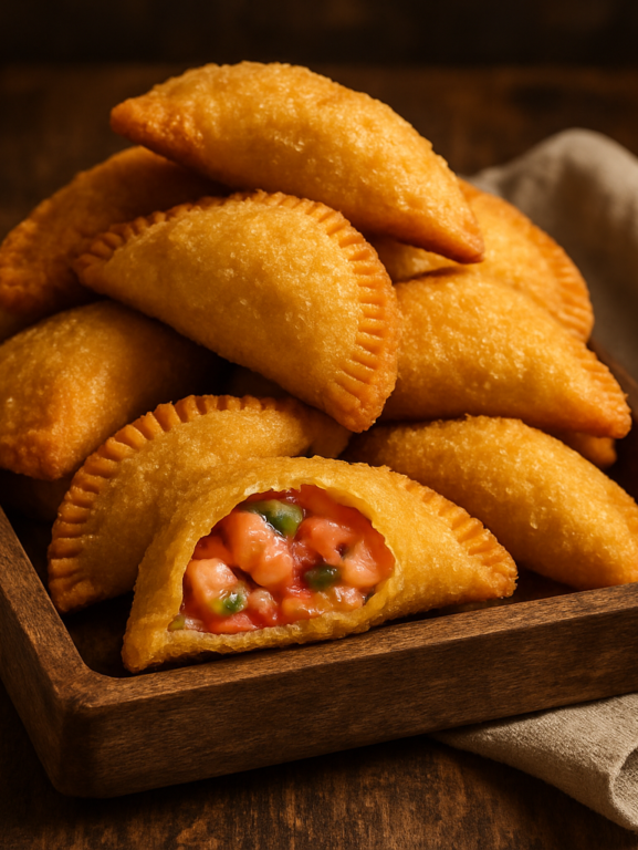 empanadinho de camarão crocante e dourado em bandeja, com recheio de camarão temperado visível no corte