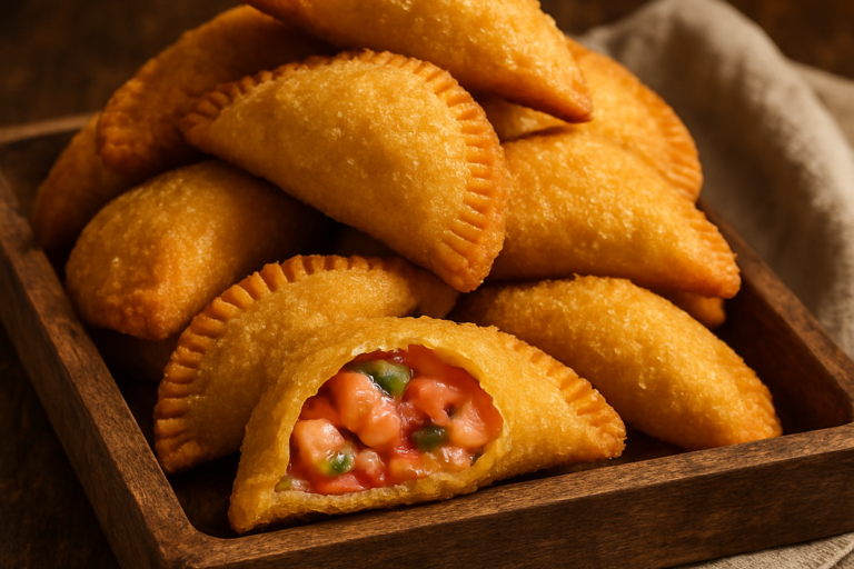 empanadinho de camarão crocante e dourado em bandeja, com recheio de camarão temperado visível no corte