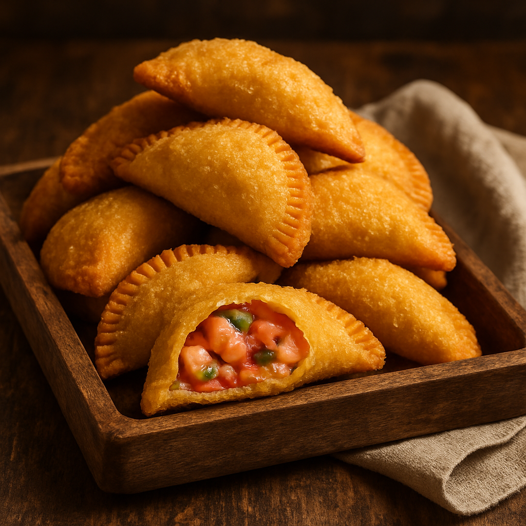 empanadinho de camarão crocante e dourado em bandeja, com recheio de camarão temperado visível no corte