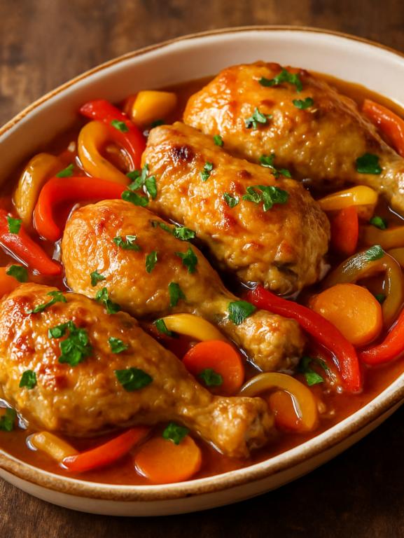 escabeche de frango saboroso em travessa com pimentões coloridos e molho agridoce brilhante