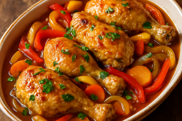 escabeche de frango saboroso em travessa com pimentões coloridos e molho agridoce brilhante