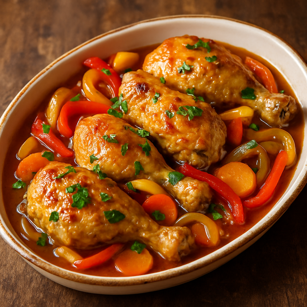 escabeche de frango saboroso em travessa com pimentões coloridos e molho agridoce brilhante