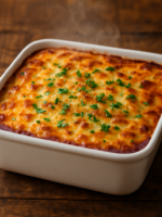 escondidinho de bacalhau desfiado cremoso em travessa com camadas de purê colorido e queijo gratinado dourado