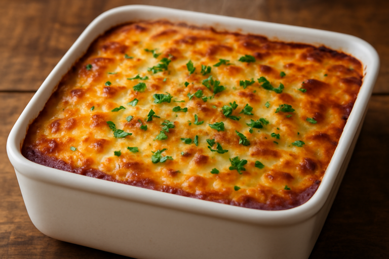 escondidinho de bacalhau desfiado cremoso em travessa com camadas de purê colorido e queijo gratinado dourado