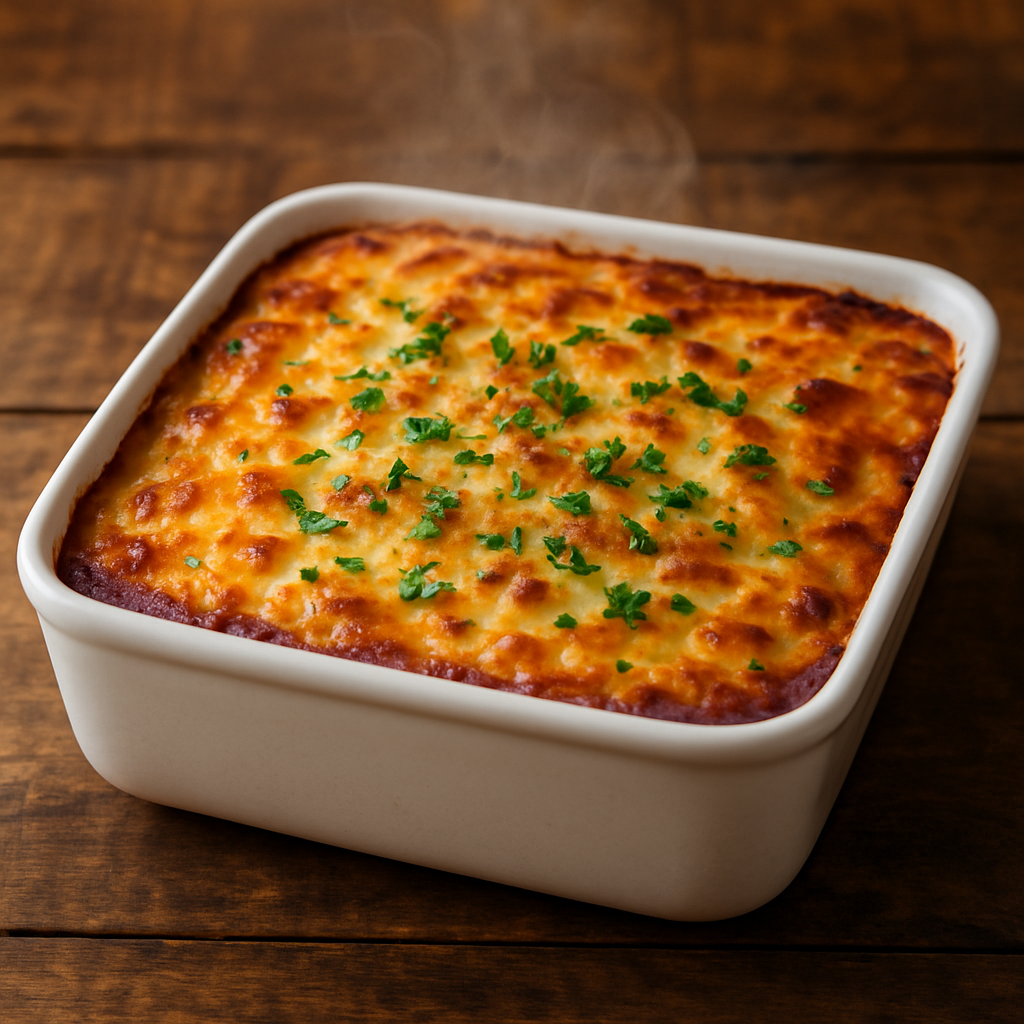 escondidinho de bacalhau desfiado cremoso em travessa com camadas de purê colorido e queijo gratinado dourado
