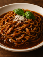 Espaguete A La Birra Nera com molho de cerveja preta, frango desfiado e parmesão ralado em prato branco